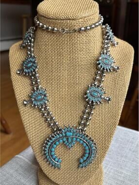 Vintage Faux Turquoise Squash Zuni Blossom Necklace Silver Tone Beaded